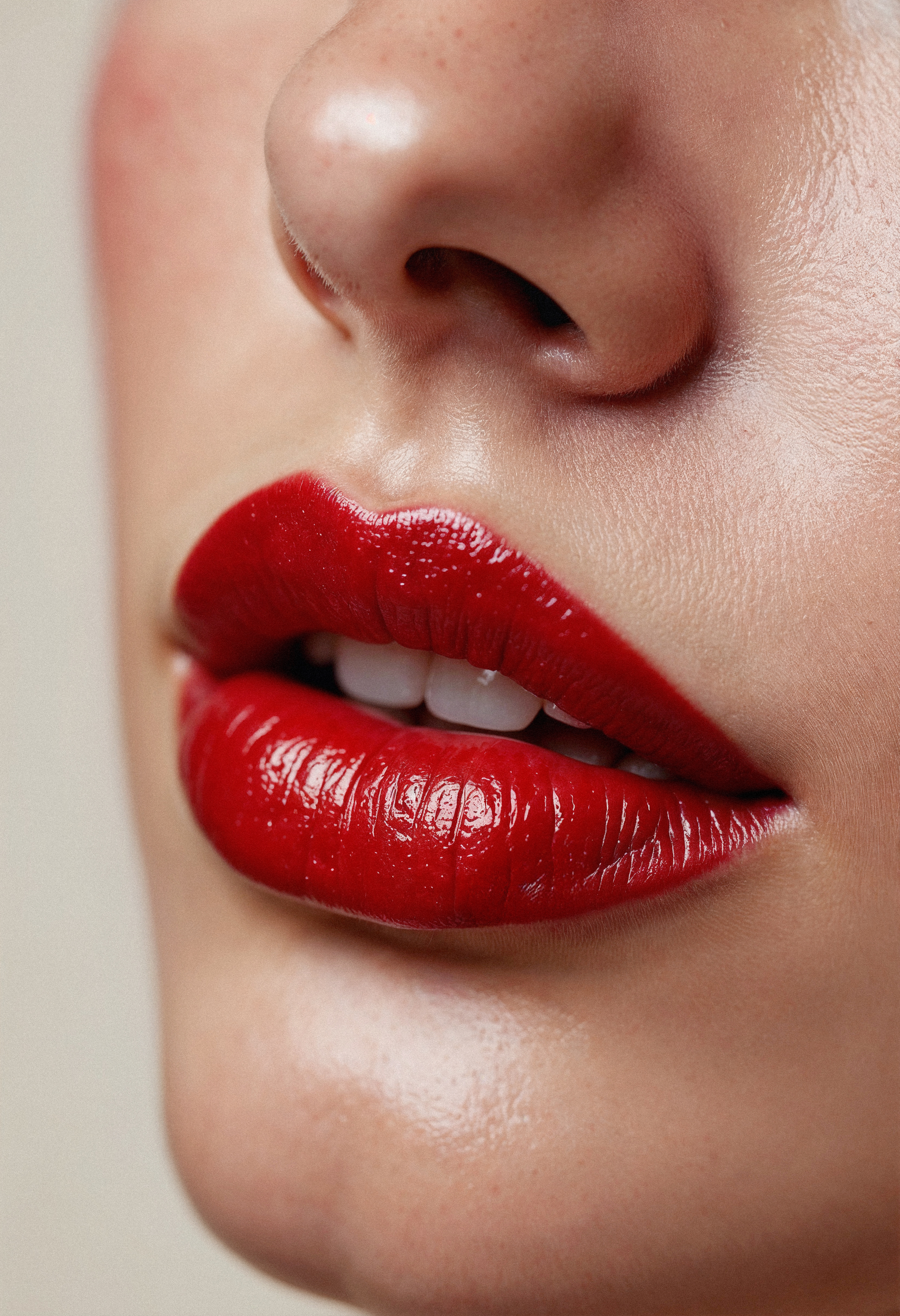 close up red glossy lips